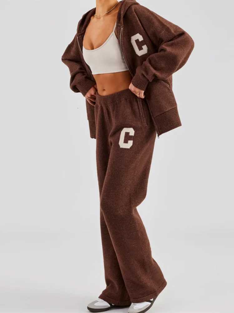 Letter Pattern Knit Jacket Trousers Lady Set Hooded Zipper Jackets High Waist Straight Long Pants Casual Versatile Womens Sets W251104