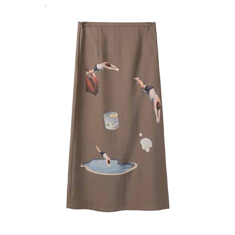 Wiener tags summer A-Line skiing women print mid waist long skiing women retro casual straight skiing fun pattern WA017 250402