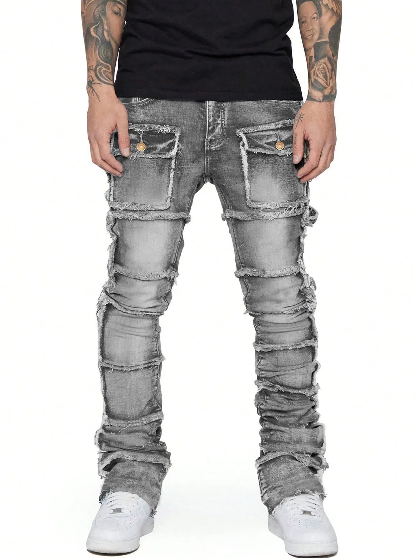 Trend Mens Jeans European and American Fashion Work Clothes Mens Wardrobe with Patches Elasticity Layering and Slight Glitter 250402