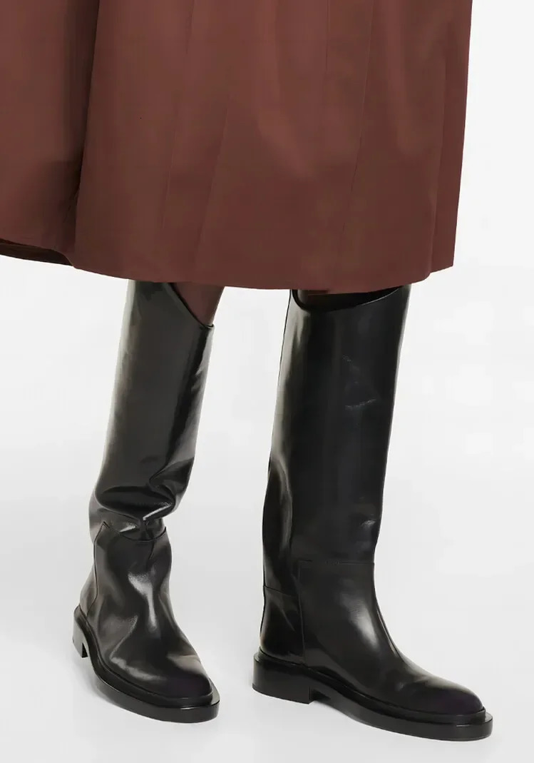 European and American Autumn and Winter Fashionable Round Toe Knee Length Flat Leather Boots Size 3446 Womens Knight Boots 251031