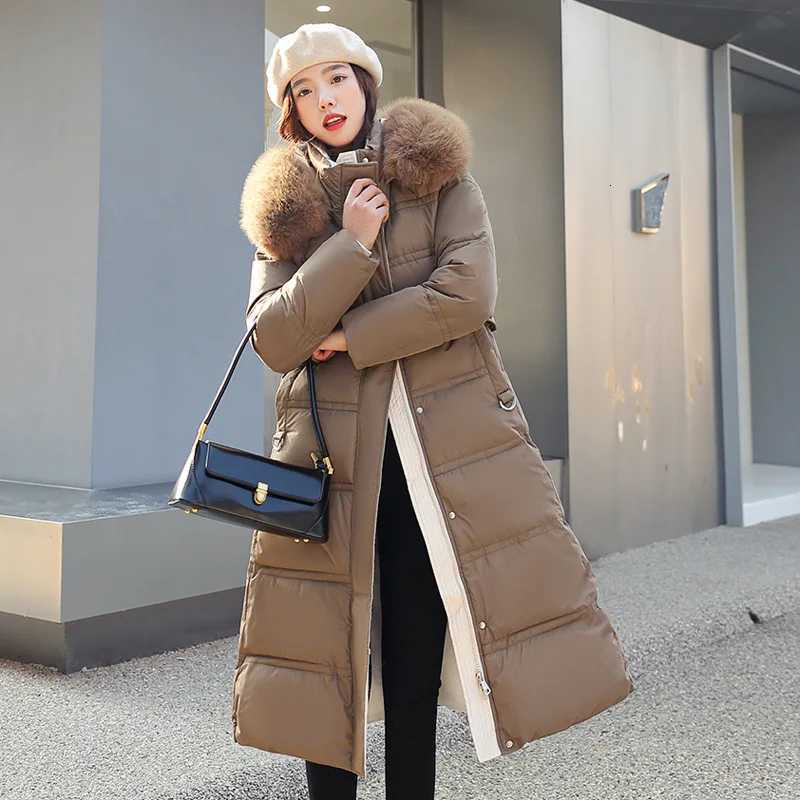 Women Cotton-padded Jacket With Fur Hooded Long Bubble Coat Female Winter Warm Parkas Outerwear Puffer Overcoat with BeltT251105