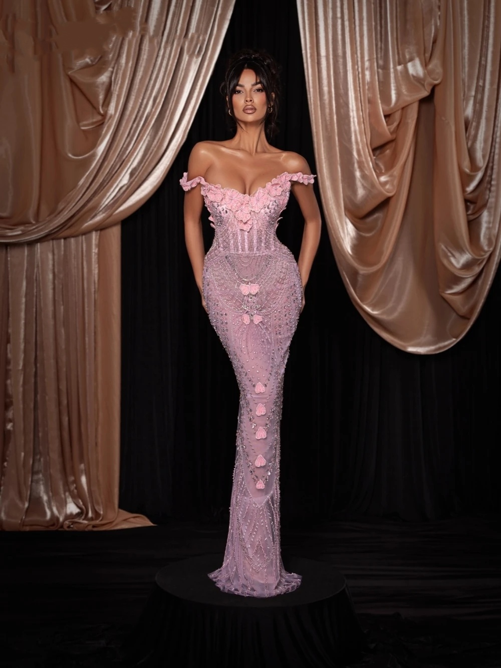 Fashion Flowers Evening Dresses Crystal Sequins Prom Gowns Off Shoulder Beading Princess See Through Customized Vestidos De Noche Plus Size