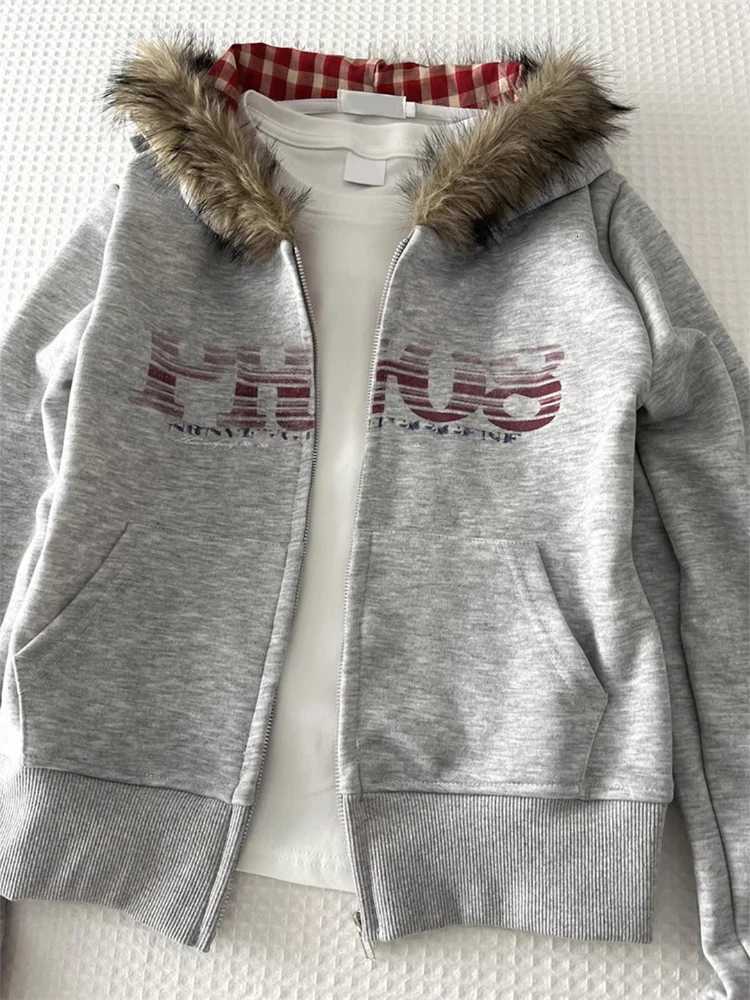 Women American Vintage Letter Print Jacket Antumn Winter Y2K Harajuku Faux Fur Hooede Hoodie Sweet Fashion Hot Girl SweatshirtT251105