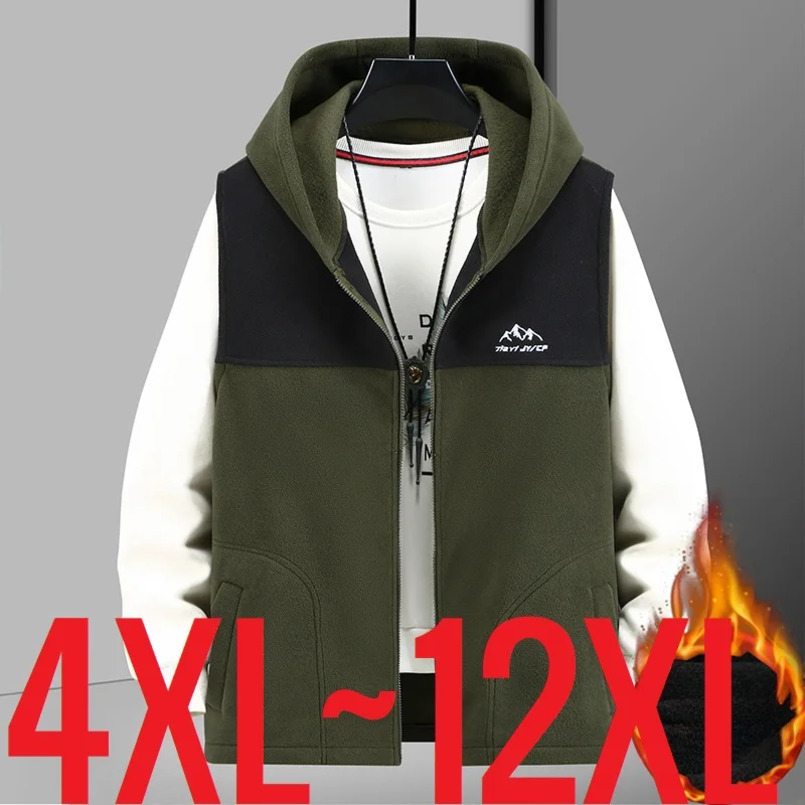 Large Size Mens Sleeveless Jacket Hooded Warm Lightweight Polar Vest Male Big Plus 12XL 10XL Sport Waistcoat Winter Casual Green 251023