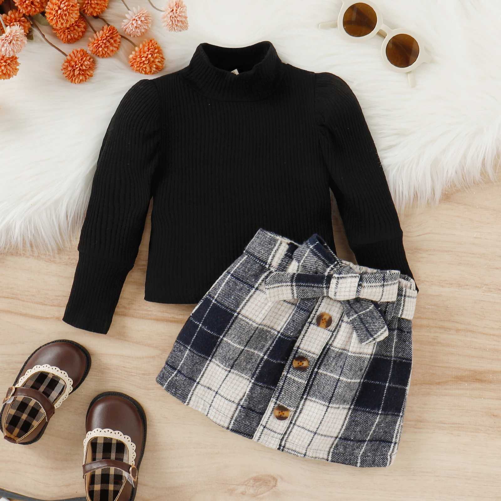 3PCS Autumn And Winter 1-4 Year Old Girls And Baby Trendy And Fashionable Solid Color High-Necked Top Plaid Skirt Suit Y251105