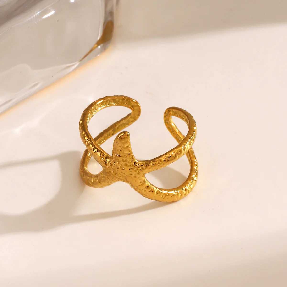 LATS Beach Style Stainless Steel Starfish Open Ring for Women Men Metal Waterproof Fashion Gold Silver Color Jewelry Gift Z250407