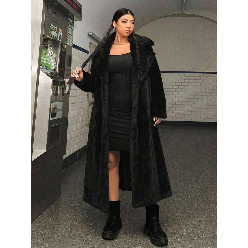 Solid Color Faux Fur Coat, Elegant Lapel Collar Long Sleeve Longline Coat For Fall & Winter, Women's Plus Size Clothing