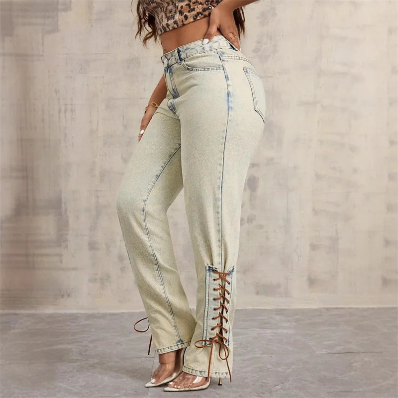Benuynfy American retro washed lace jeans womens fashion Y2K streetwear mid waist straight denim Trouser 2000s clothing 250403