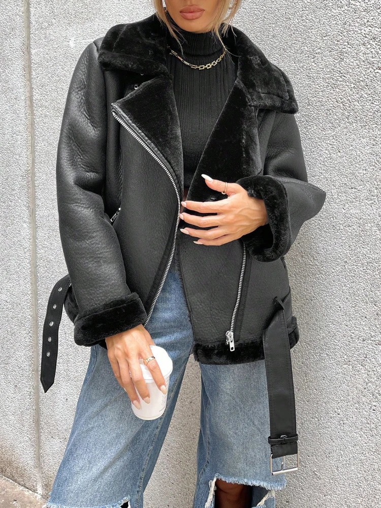 Fitaylor Winter Women Faux Fur Leather Jacket Casual Lady Thick Warm Leather Jacket High Street Motorcycle Outwear 251104CJ