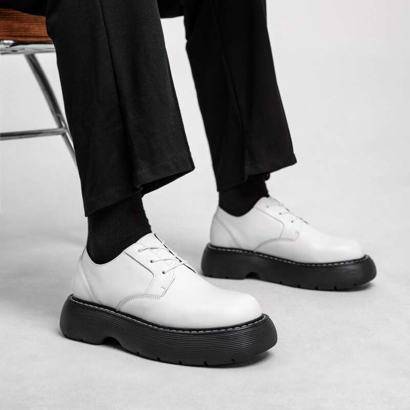 Small niche big head casual leather shoes, trendy men's British Changde style, thicker sole, height increasing sponge cake shoes