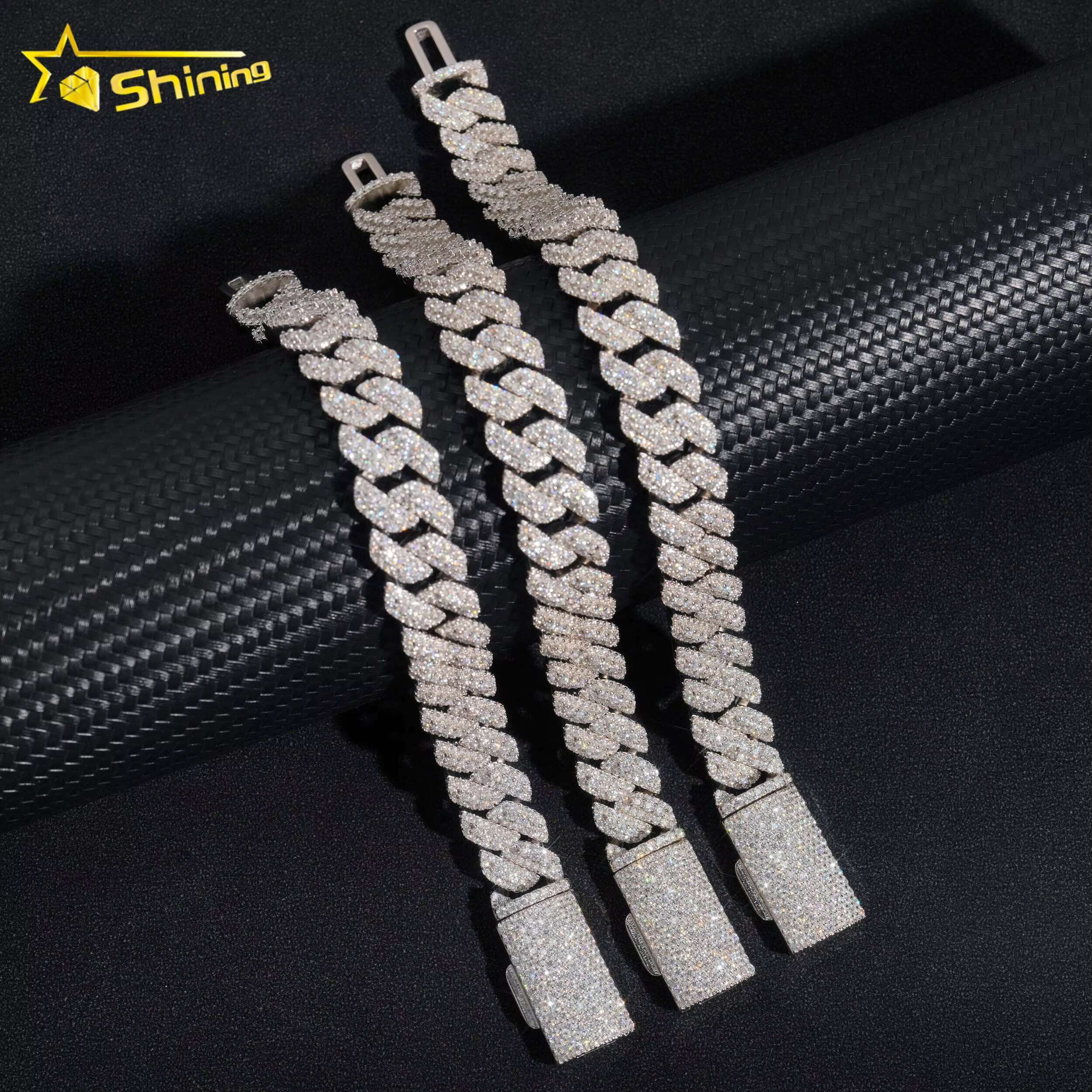Top Quality Bling Shining 925 Sterling Silver 3 Rows 13mm Width Moissanite Diamond Cuban Link Bracelet