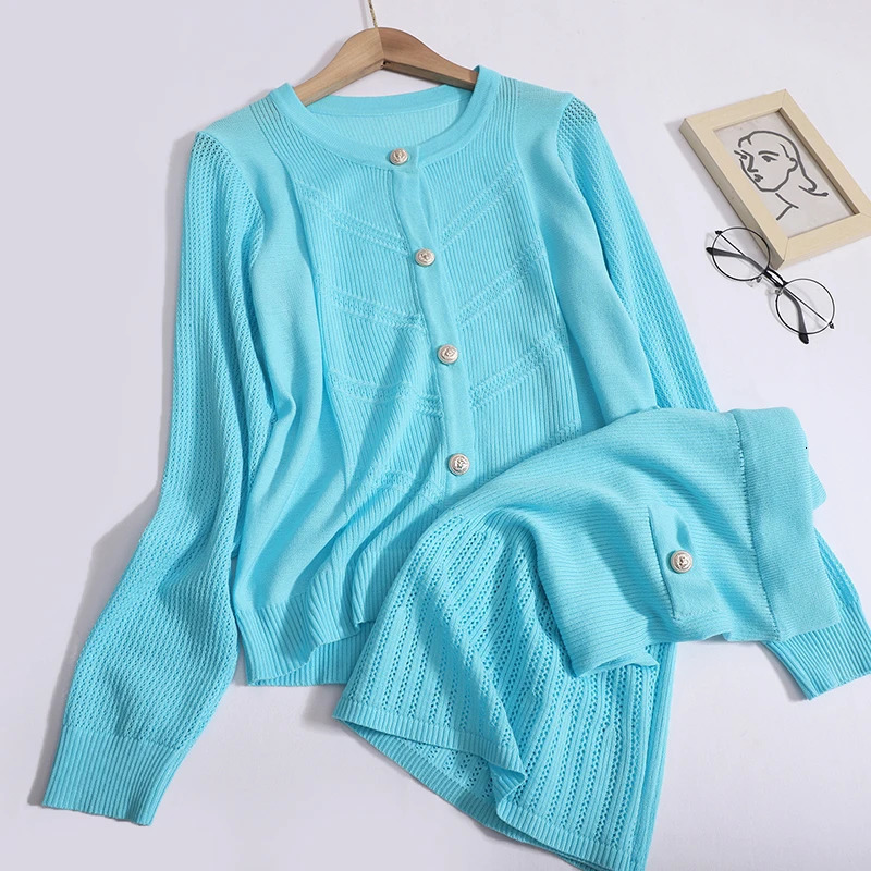 Womens Knitted Hollow two-piece Set O-neck Single breasted Long sleeved Open top Cardigan and High Waist Skiing Set Womens Dress Spring 250401