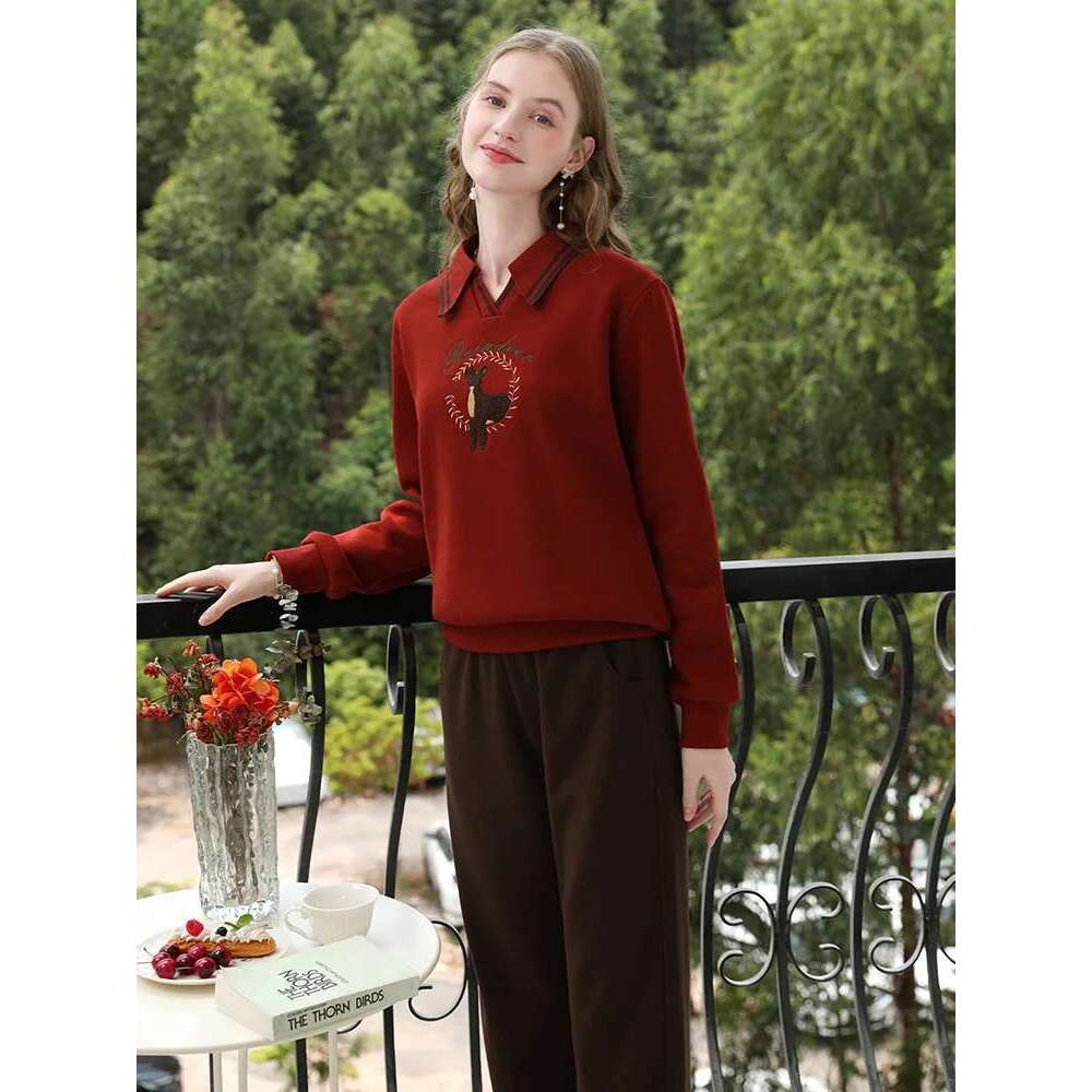 Red Embroidery Pullover Thickened Warm Polo Collar Sweater Women Soft Touch Sweets Versatile Tops