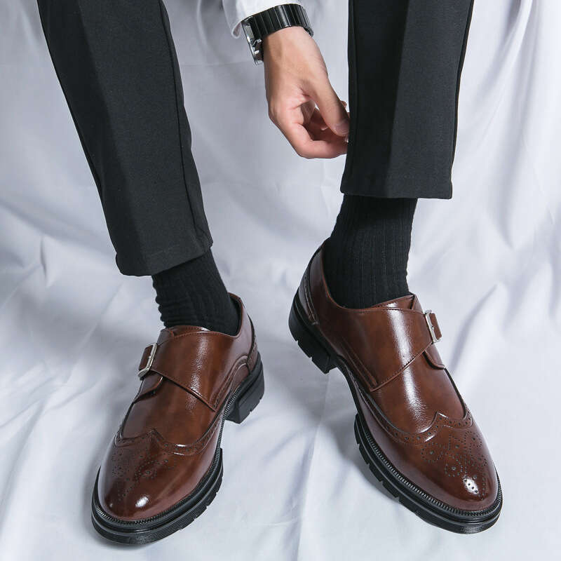 Large Block Leather for Men's 38-46 Business Dress Buckle Thick Sole Heightened Dad's Driving Shoes