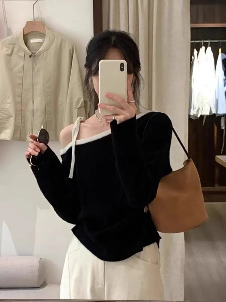 FalFashion Autumn Women Knitted Top Fall Pullover Off-shoulder Sweater Elegant Korean Style Knitwear Long Sleeve Casual Clothing 251104