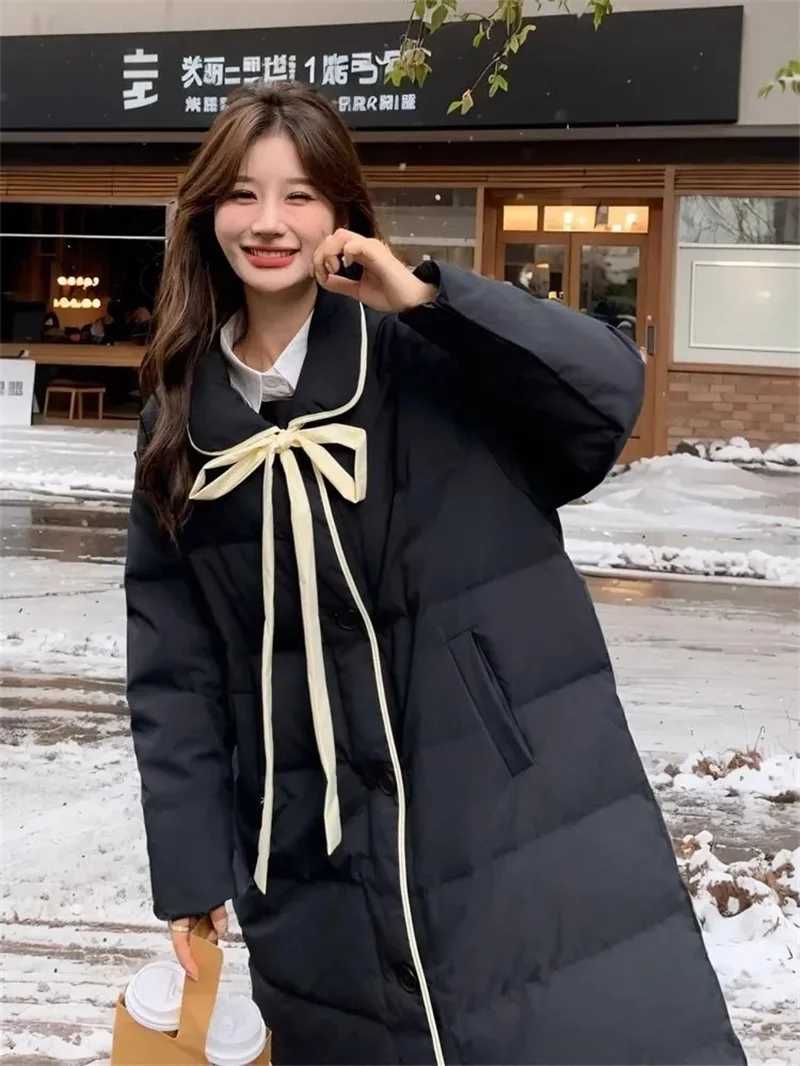 Milk FuFu White Down Jacket Womens Korean Sweet Thick Medium Long White Duck Down Jacket 2025 Winter New Style Black And WhiteT251105