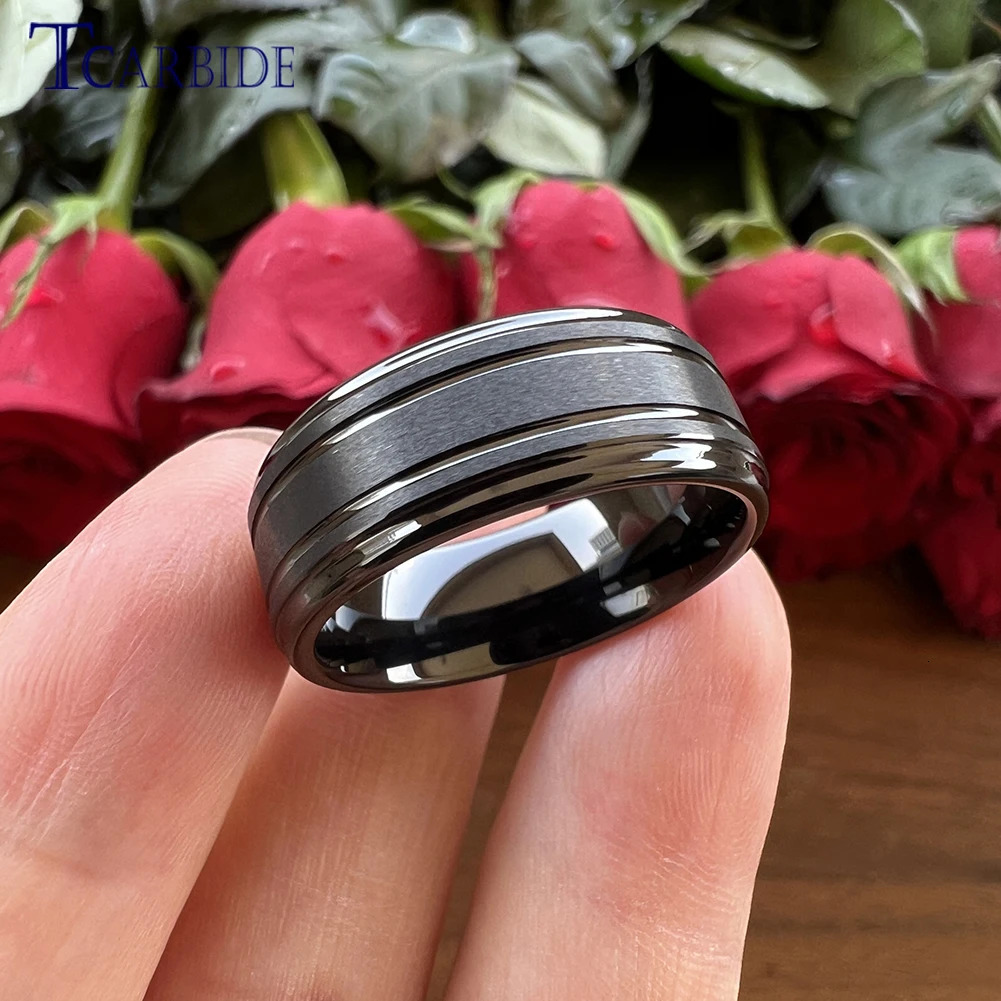 Drop 8mm Men Women Tungsten Satin Ring Fashion Wedding Band with Grooved Stepped Finish 4 Colors Available Comfort Fit 251031