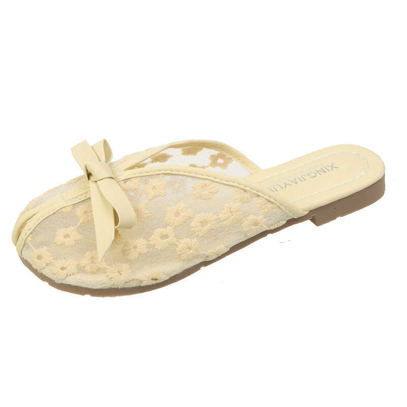 Baotou Summer 2025 New Internet Celebrity Bow Versatile Soft Bottom Half Slippers for Women Wearing Outside