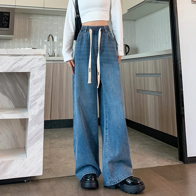 L6XL Plus Size Womens Jeans Spring High Waist Straight Loose Blue Trouser Wide Leg Pull Bar Large 250403