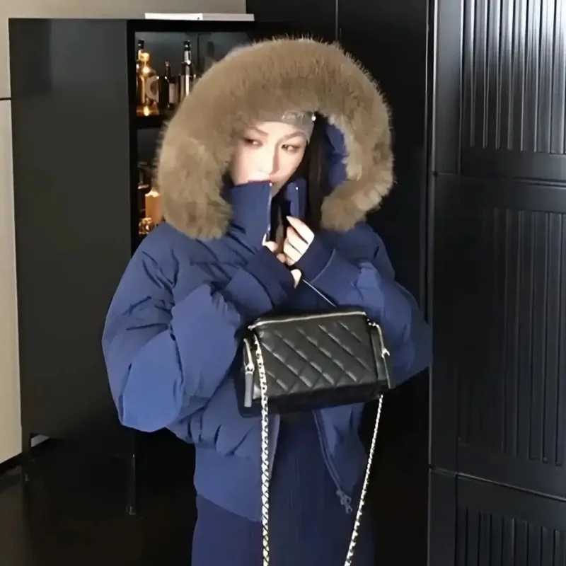 Winter Street Fashion Fur Collar White Zipper Hooded Short Jacket Women Casual Thicken Warm Coat Y2k Harajuku Sweet Outwear New J251105