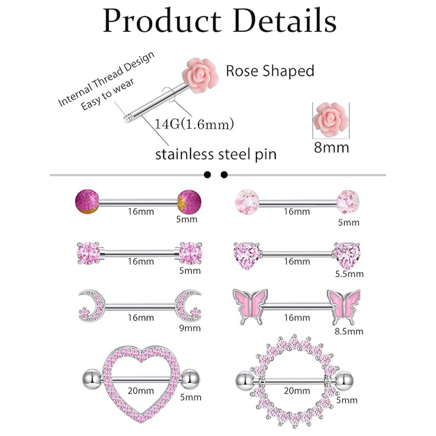 9 Pairs 14G Stainless Steel Nipple Rings Tongue Ring Straight Nipple Barbells Cute Butterfly Rose Opal Moon Heart CZ Body Piercing Jewelry for Women P