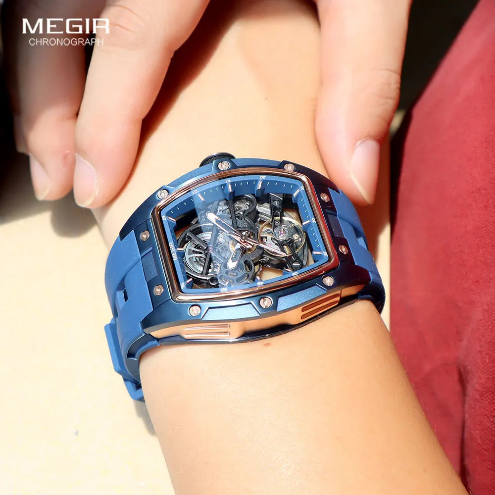 MEGIR 2242 Blue Automatic Watch for Men Sport Waterproof Stainless Steel Mechanical Wristwatch with Silicone Strap Skeleton Dial 251105