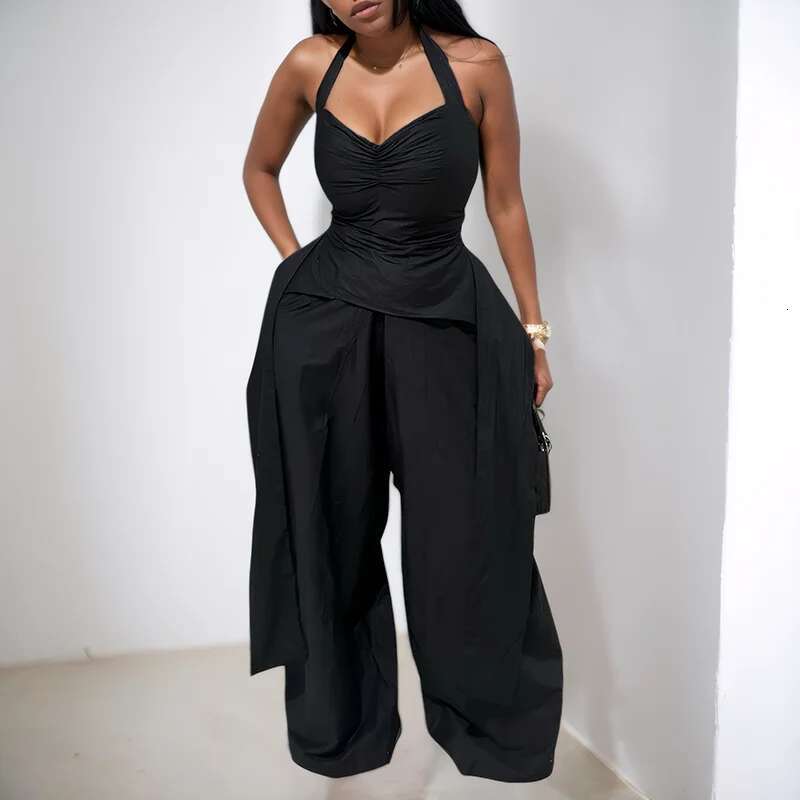 Fashion Two Piece Set For Women Trendy Halter V-Neck Irregular Tops Female High Waist Loose Trousers Spring New 33A3848