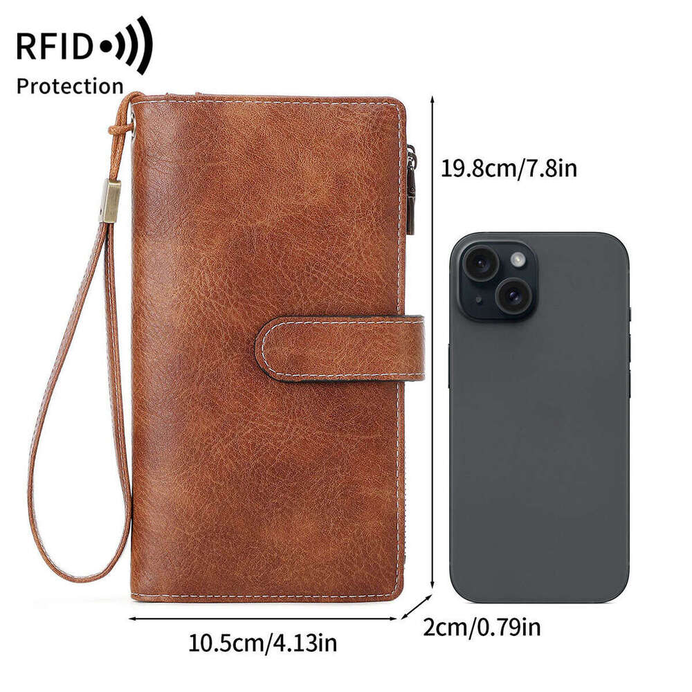 Cross-Border New RFID Long Retro Multifunctional Women's Wallet Solid Color Portable Large Capacity Clutch