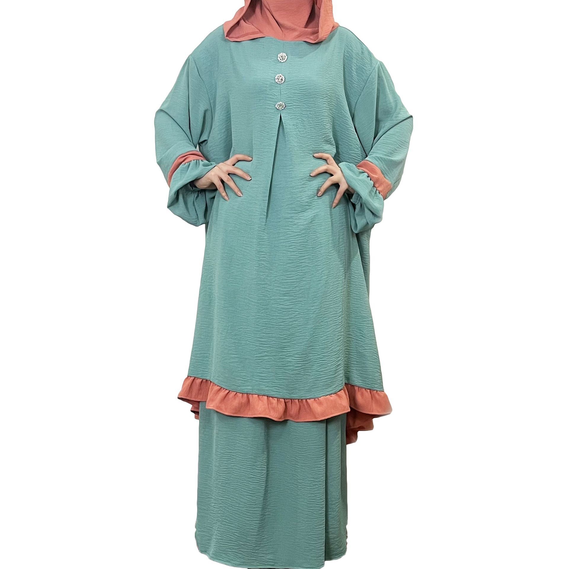 Fashion Muslims Women's Prayer Solid Color Ruffle Robe Two Piece Set Abaya Maxi Dresses Islamic Clothing