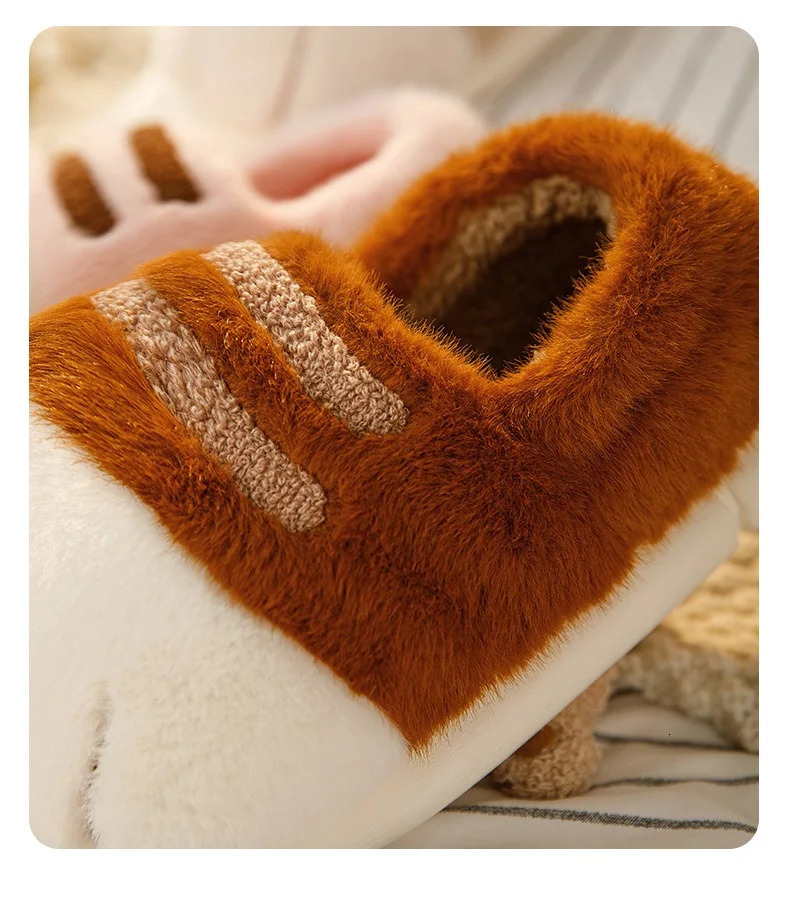 Cuddly cat paw slippers womens winter fluffy indoor home shoes woman warm animal claw slippers unisex furry slides shoes loafer 250402