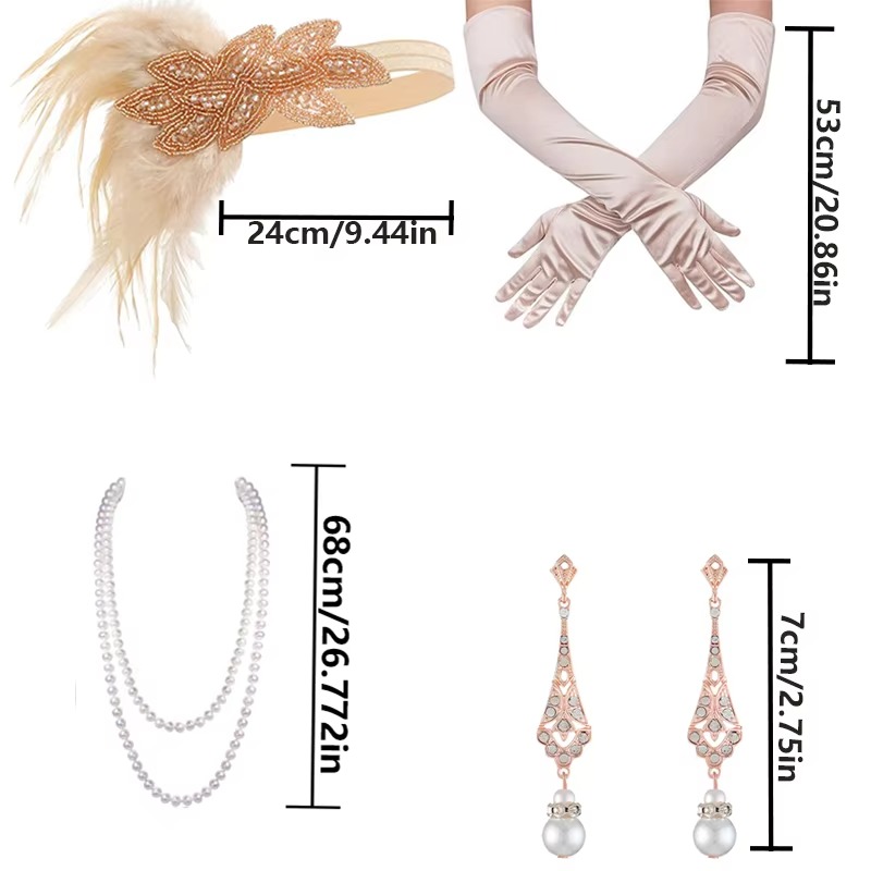 A collection of 4 apricot-colored 1920 women's costume accessories, headbands, necklaces, gloves, and teardrop earrings for Halloween character c