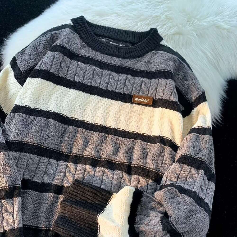 Striped Design Round Neck Pullover Long Sleeve Sweater Women, Autumn And Winter Loose Sweet Knitted Top For Outerwear B5