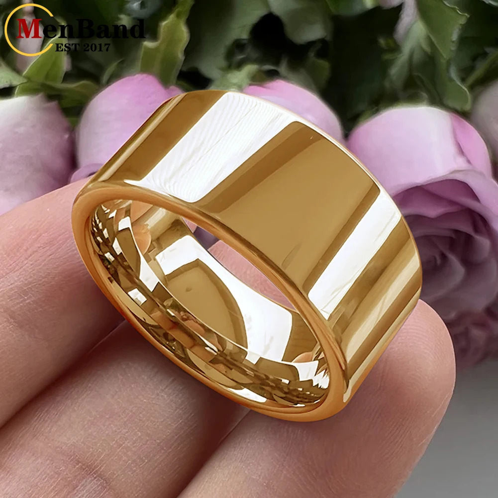 MenBand Gold Color 10MM 12MM Wide Glossy Large Mens Ring Shiny Wedding Ring with Tungsten Flat Finish n Comfortable Fit 251031