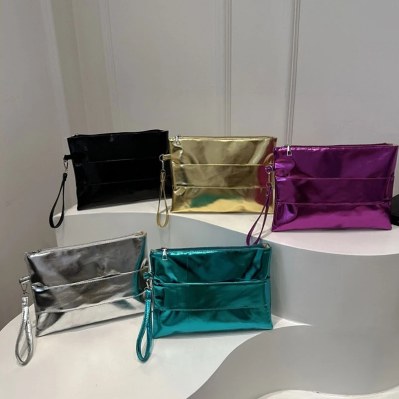 Womens envelope clutch bag solid color PU leather bag folding handbag zipper casual handbag 250402