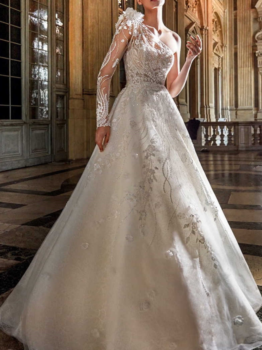 Simple A Line Bride Gowns One Shoulder Long Sleeve Applique Wedding Dress Sequins Beaded Floor Length Bridal Dresses Customized