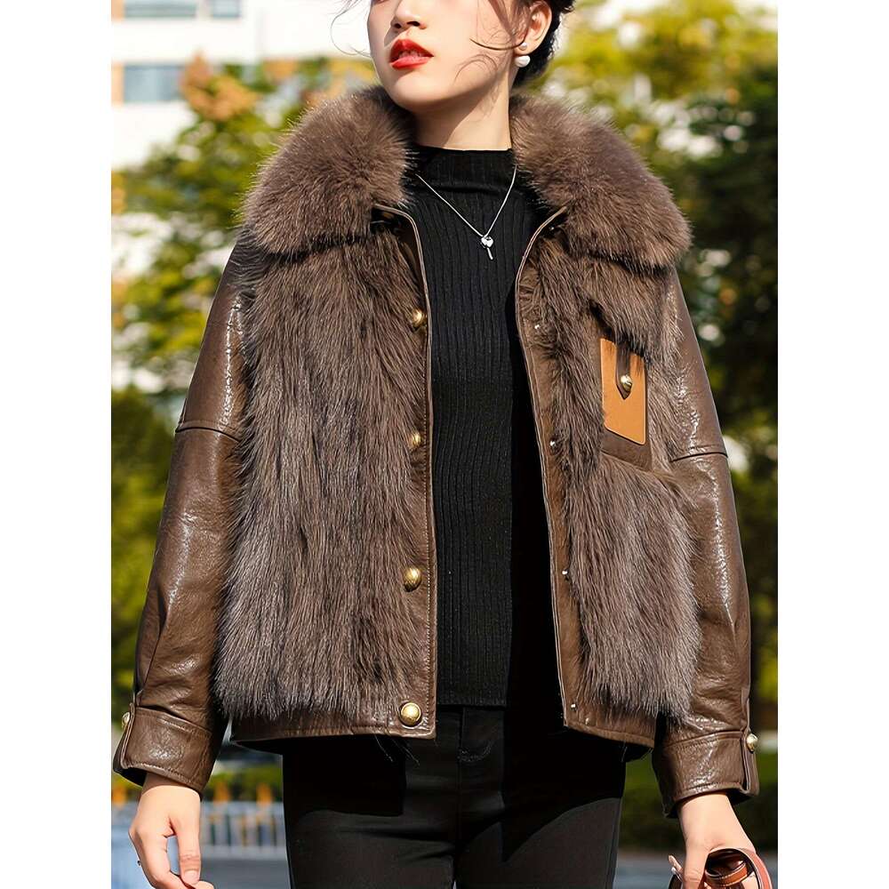 Faux Fur Jacket Thickened Polyester Women's Winter Jacket | Faux Fur-Lined, Drop Shoulder Sleeves, Single-Breasted Button Front, Suede Texture, H