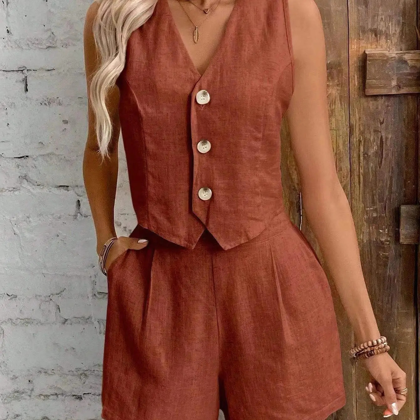 Summer 2PCS set womens sleeveless T-shirt and shorts cotton linen vest white pants two pieces 2PCS set office womens casual shorts 250401