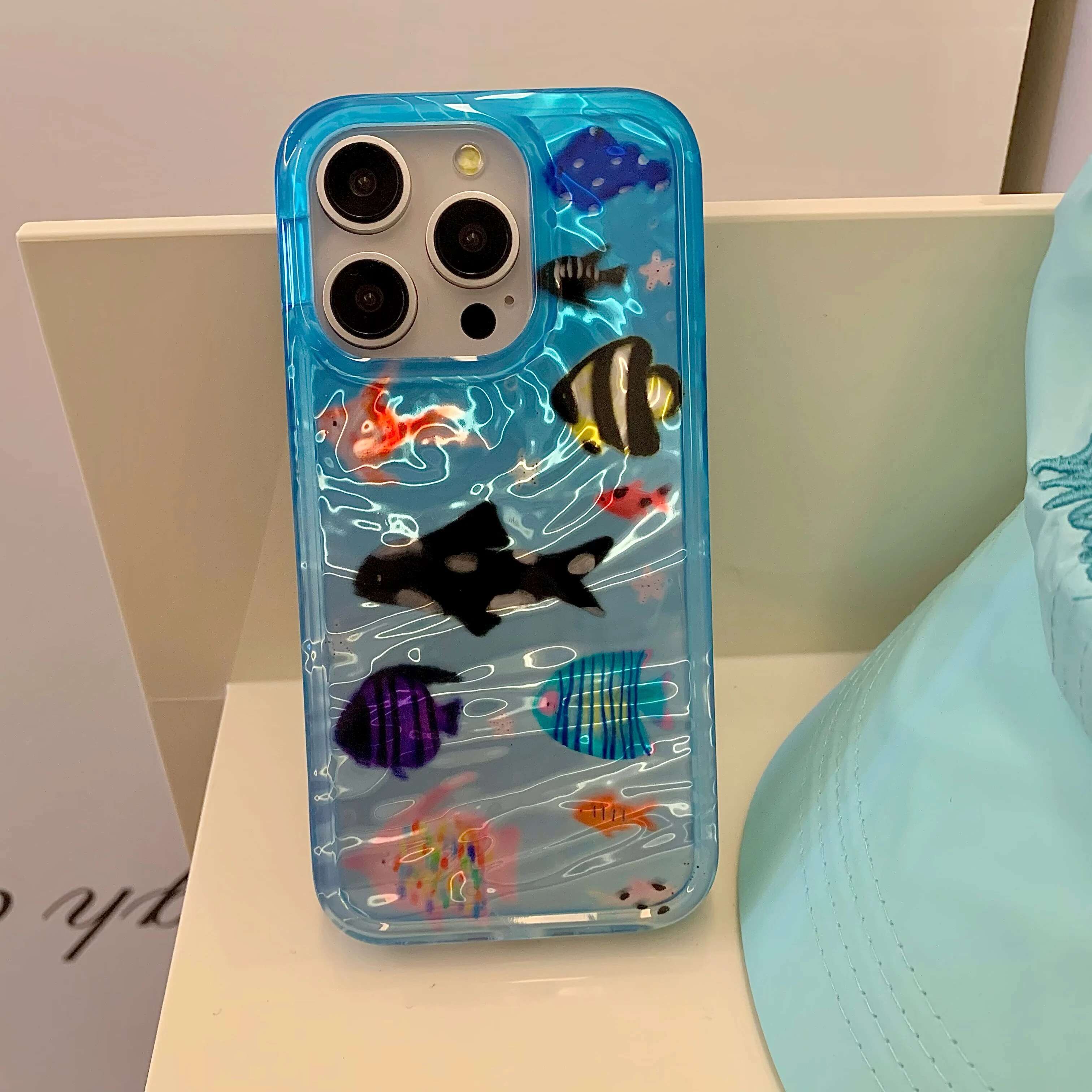 Korean Ins Ripple Texture Aquaria Lovely Fishes Case iPhone 16 15 14 13 11 Plus Back Phone Cover for 12 Pro Max