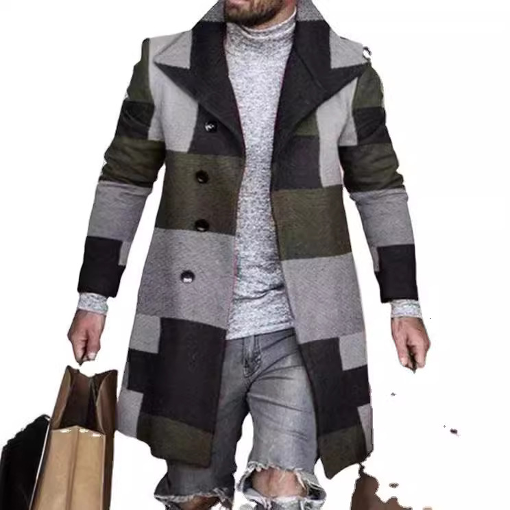 Spring new 3D digital printed mens woolen lapel plaid coat mens woolen coat mens clothing