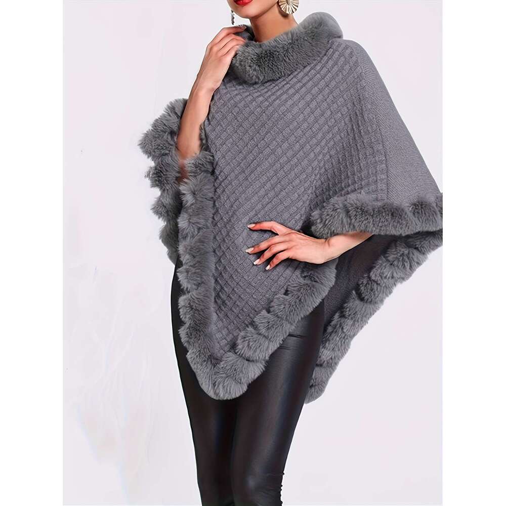 Cozy Sweater Cozy Lightweight Women's Faux Fur Trimmed Oversized Cape Ruffled Hem Cardigan In Brown Gray | Perfect For Fall & Winter, Casual To C