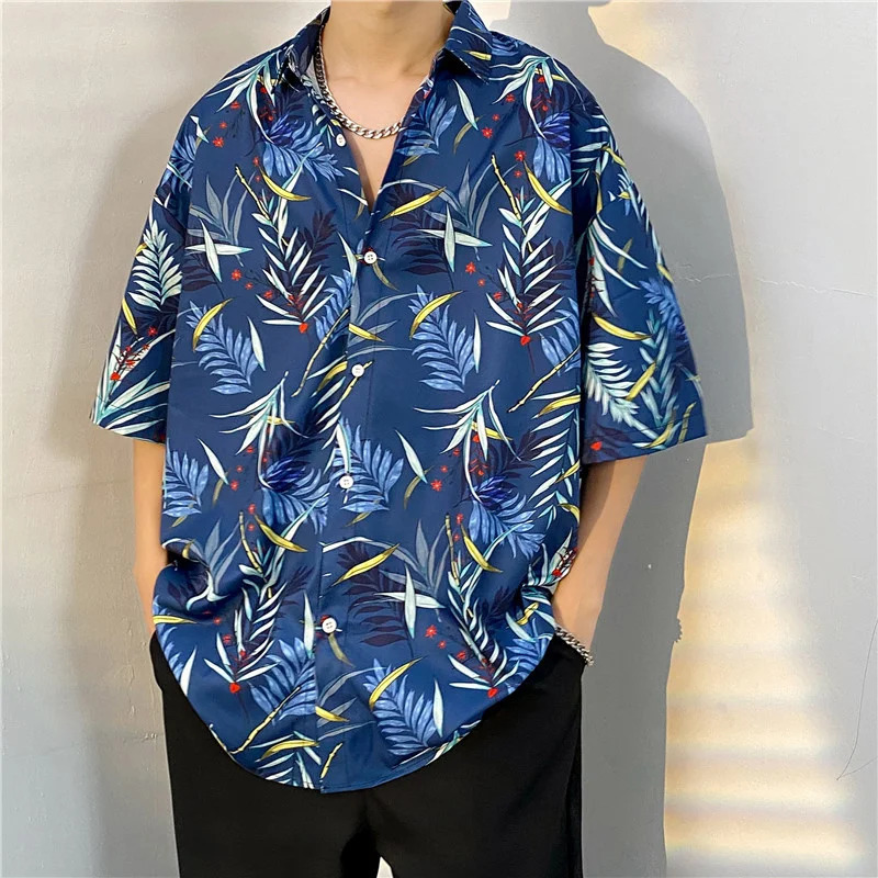 Plus size mens Hawaiian tropical print loose beach shirt short sleeved casual mens shirt 250403