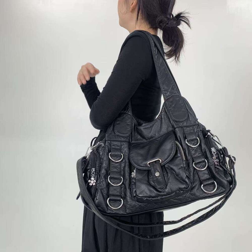 Women Retro Motorcycle Inspired Handbag Large Capacity Multi Pocket Crossbody With Detachable Strap, Golden Tone Hardware White