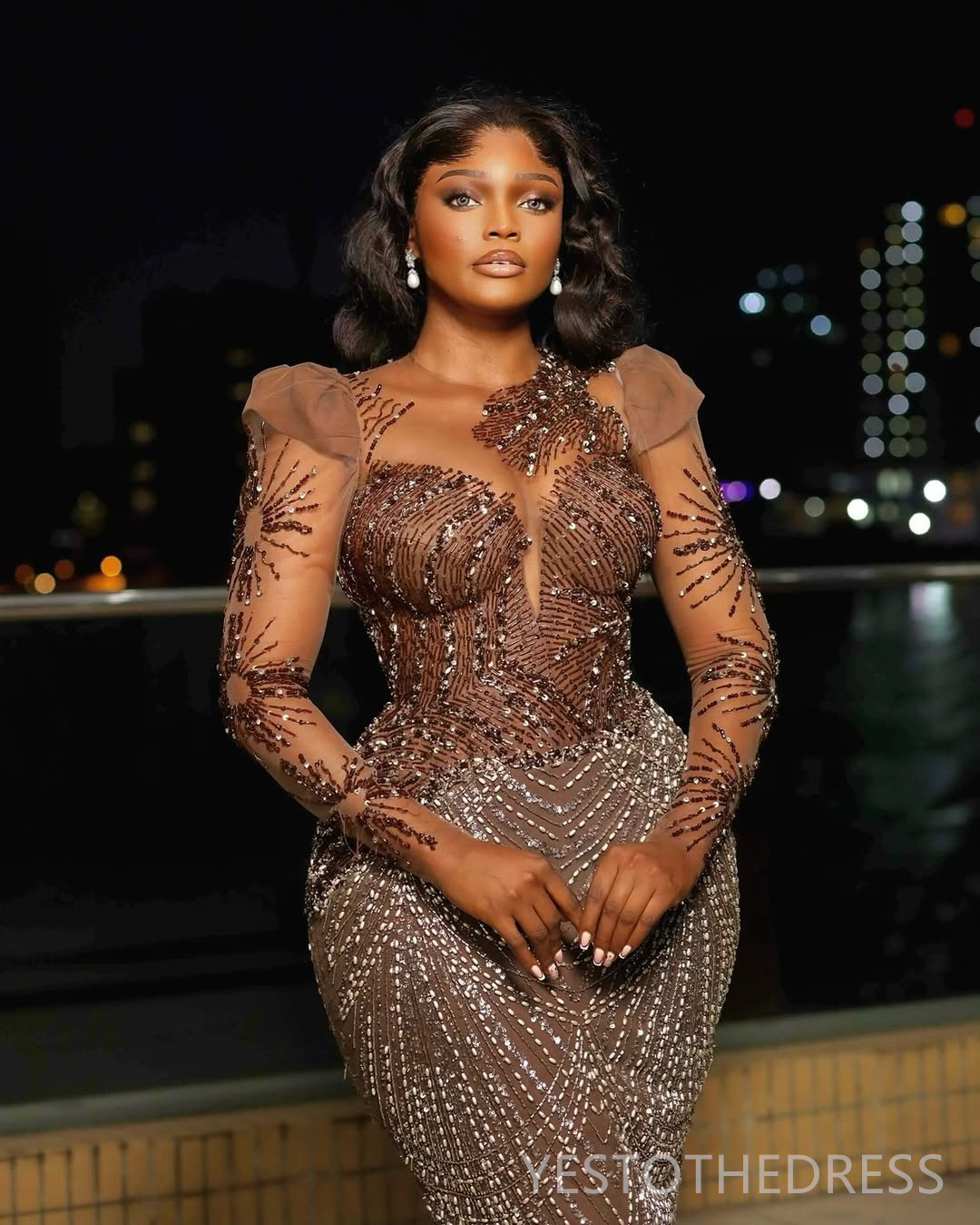 2025 Plus Size Brown Prom Dress Mermaid Prom Dresses Evening Formal Gowns Long Sleeves Sheer Neck Beaded Lace For Black Women Birthday Second Receptio