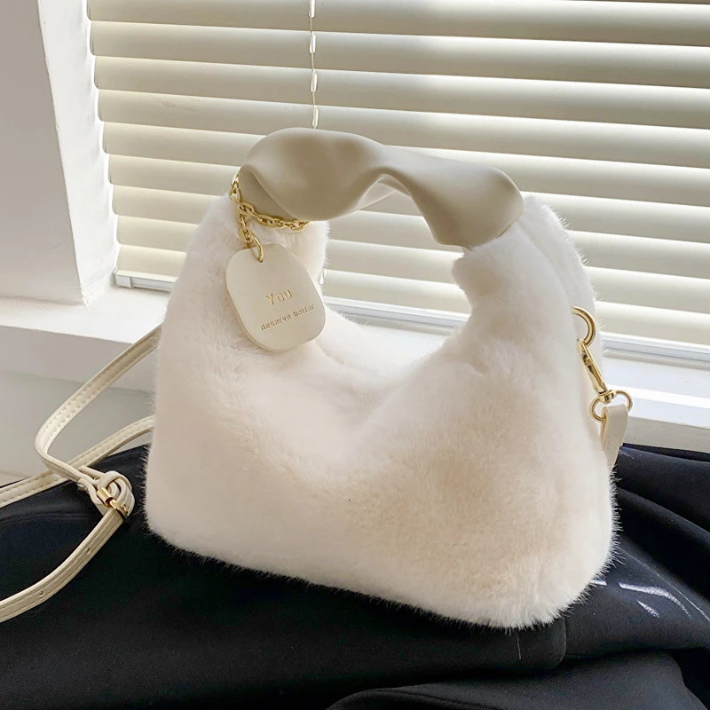 Womens artificial fur plush handbag Ruched handle small womens shoulder cross body bag casual half moon homeless winter 250401