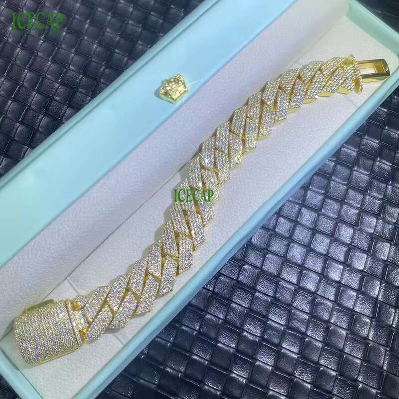 Ice 20MM Full VVS Moissanite Hiphop Cuban Link Chain 925 Sterling Silver Solid 18K Gold Plated Miami Cuban Chain Bracelet