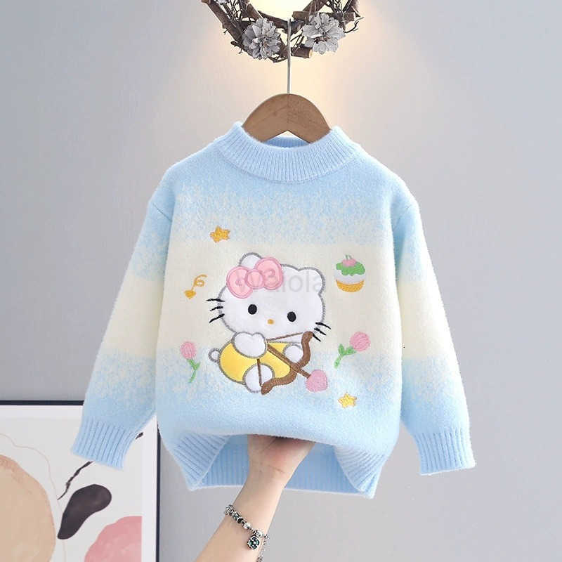 Sanrio Cartoon Cute Kitty Cat Embroidered Girls Sweater Knitwear Autumn Winter Style Childrens Round Neck Warm Base Layer H251105