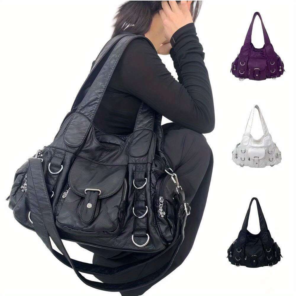 Women Retro Motorcycle Inspired Handbag Large Capacity Multi Pocket Crossbody With Detachable Strap, Golden Tone Hardware White