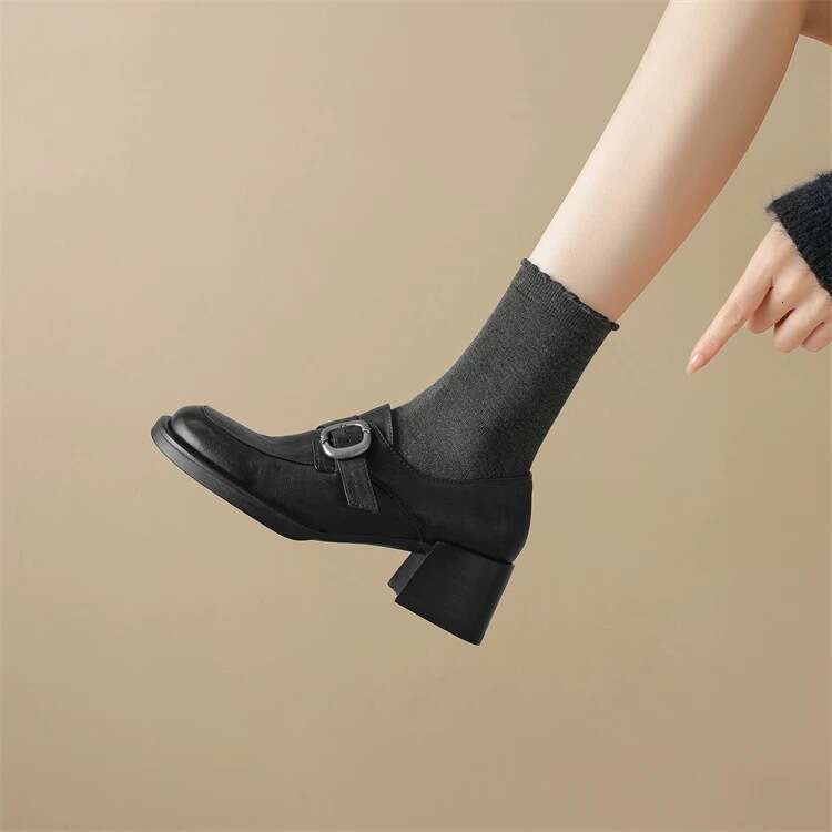 British Style Metal Belt Buckle Small for Women Thick Designer Shoe Round Toe Platform High Heel Loafers Soft Leather Single Shoes