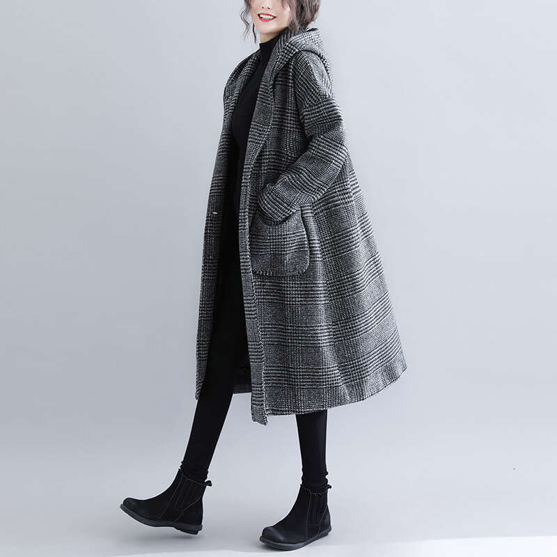 Autumn Winter Women's New Houndstooth Pattern Korean Style Plus Size Loose Slimming Versatile Long Woolen Trench Coat B5