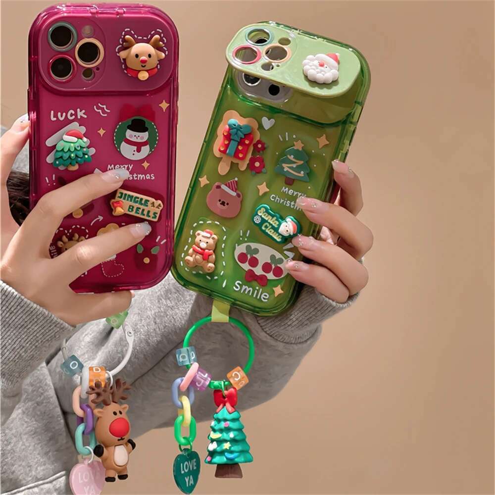 Korea Cute Cartoon Christmas Elk Pendant Case For iPhone 16 15 14 13 12 11 Pro Max XR Santa Claus Keychain Soft Shockproof Cover